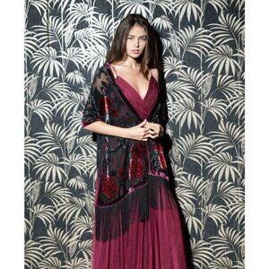INC Sparkle Floral Embroidered Sheer Velvet Black Shawl Wrap Scarf Fringe Trim